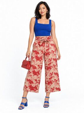 Self Contrast Pink Floral Boho Cropped Wide Leg Pants Size M Linen Blend